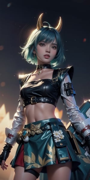 In a dark and intense cowboy shot, a masterpiece of hyper-realistic beauty stands out. A girl with stunning yellow horns, ahoge, short hair, bangs, and aqua locks wears a choker and black tube top that showcases her toned midriff. Long sleeves with shoulder pads frame her detailed face, illuminated by green glowing eyes that seem to pierce through the foggy atmosphere. She's dressed in a vibrant festival style, complete with a green skirt, thigh strap, thigh pouch, holster, and stuffed llama accessory on her waist. Her fingerless gloves and see-through sleeves add an air of mysticism, as if she's a mage wielding magic. The perfect light casts a warm glow on the eerie scene, making it feel like a mesmerizing fiesta come to life.