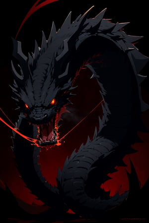 Ultra high resolution image of a black dragon, (black:1.5),1 dragon, A black dragon, glowing eyes, red eyes,dragon-themed, complex background, night, dark, darkness, ,dragonbaby, dragon tails, horns ,long (dark background:1.5), black background, (mouth with sparks and smoke)