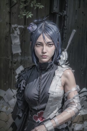 sharp focus, dynamic, full shot, very young and beautiful (natural skin texture, hyperrealism:1.25),portrait of Konan , knife made of papers, open arms, loose clothing, made of papers, looking at viewer, serius face, empty look, dinamic pose, strong light, dinamic hair, strong wind, violet hair-streaks, very low angle, akatsuki suit, looking at camera, staring, constricted pupils, r1ge, only face, face portrait,Detailedface, green forest garden background, dark blue clothes, red clouds background,perfecteyes,photography,character,photorealistic,A perfect closeup photo,female,base model