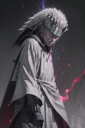 sharp focus, dynamic, full shot, very young and beautiful (natural skin texture, hyperrealism:1.25), half body, (((gray skin colour))), portrait of madara uchiha, looking at viewer, serius face, empty look, dinamic pose, strong light, dinamic hair, strong wind, very low angle, akatsuki suit, looking at camera, staring, r1ge ,Detailedface, green forest garden background, dark blue clothes, red clouds background,perfecteyes,photography,character,photorealistic,A perfect closeup photo,male,base model,Madara, pale skin, long hair, gray hair, headband, black balls, purple eyes,white tunic, black collar, black gloves, black legwear,black staff, holding