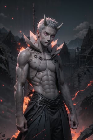 sharp focus, dynamic, full shot, very young and beautiful (natural skin texture, hyperrealism:1.25), half body, (((gray skin colour))), ((skinny man)), ((destroyed village background:1.20)), portrait of obito uchiha, looking at viewer, serius face, empty look, dinamic pose, strong light, dinamic hair, strong wind, very low angle, akatsuki suit, looking at camera, staring, r1ge ,Detailedface, green forest garden background, dark blue clothes, red clouds background,perfecteyes,photography,character,photorealistic,A perfect closeup photo,male,base model,Obito, 1boy, pale skin, short hair, white hair, black pants, horns, purple aura, heterochromia, red eye, purple eye,Black staff, holding, truth seeking balls