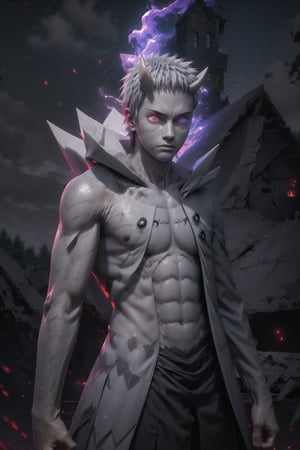 sharp focus, dynamic, full shot, very young and beautiful (natural skin texture, hyperrealism:1.25), half body, (((gray skin colour))), ((skinny man)), ((destroyed village background:1.20)), portrait of obito uchiha, looking at viewer, serius face, empty look, dinamic pose, strong light, dinamic hair, strong wind, very low angle, akatsuki suit, looking at camera, staring, r1ge ,Detailedface, green forest garden background, dark blue clothes, purple energy blast, motion blur, angry, red clouds background,perfecteyes,photography,character,photorealistic,A perfect closeup photo,male,base model,Obito, 1boy, pale skin, short hair, white hair, black pants, horns, glowing purple aura, heterochromia, red eye, glowing purple eye,Black staff, holding, truth seeking balls