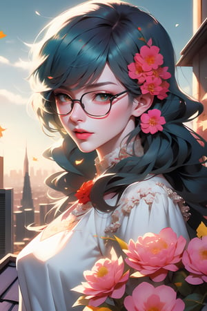 fullbody drawing of a woman with blue green color hair, parted  hair,shoulder length hair ,no front bang,wearing glasses with flowers in her hair,korean art nouveau anime, beautiful anime artwork, artgerm and james jean, anime art nouveau, beautiful anime art, the flower prince, a beautiful artwork illustration, detailed anime character art, digital art on pixiv, anime fantasy illustration, detailed digital anime art, beautiful fantasy anime, clean detailed anime art, 2 d anime style, decora inspired illustrations, inspired by Yumihiko Amano, anime girl with teal hair, anime style portrait, beautiful anime art style, portrait of jinx from arcane, manga art style, anime style illustration, anime art style, extremely fine ink lineart, black and white manga style, black and white line art, ink manga drawing, intense line art, pencil and ink manga drawing, intense black line art, in style of manga, exquisite line art, perfect lineart,exquisite line art, exquisite digital illustration, detailed digital drawing, black and white coloring, digital anime illustration, a beautiful artwork illustration, detailed matte fantasy portrait, beautiful,(Daylight,autumn, Best quality, 8k, Masterpiece :1.3)), Whole body, Long legs, Sharp focus :1.2, A pretty woman with perfect figure wearing smart haute couture dress :1.4, Slender abs :1.1, ((Dark brown hair, small breasts :1.2)), (White tight tshirt, Jean bib, Standing:1.2), ((Night city view, Rooftop:1.3)), Highly detailed face and skin texture, Detailed eyes, Double eyelid,( watercolor \(medium\), IrisCompiet:1.2),abstract background, fantasy, many colors, wind blowing,masterpiece, best quality, (extremely detailed CG unity 8k wallpaper), (best quality), (best illustration), (best shadow), absurdres, realistic lighting, (Abyss), beautiful detailed glow,clear face, clean white background, masterpiece, super detail, epic composition, ultra HD, high quality, extremely detailed, official art, uniform 8k wallpaper, super detail, efficient sub-pixels, subpixel convolution, luminous particles, light scattering, tyndall effect, 32k -- v 6,watercolor,