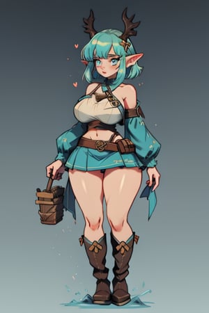 A young fantasy adventurer elf girl with blue eyes, short blue hair, bangs, long pointed ears, She wears a practical yet stylish outfit, featuring a mini skirt, visible underwear, a utility belt, and thigh-high boots, revealing clothing, center opening, open_shoulders, standing up, huge_boobs, thicc_thighs, curvy, thick, wide hips