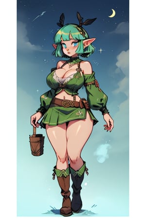 A young fantasy adventurer elf girl with blue eyes, short green hair, bangs, long pointed ears, She wears a practical yet stylish outfit, featuring a mini skirt, visible underwear, a utility belt, and thigh-high boots, revealing clothing, center opening, open_shoulders, standing up, huge_boobs, thicc_thighs, curvy, thick, wide hips