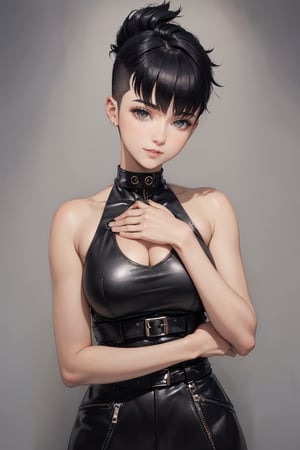 a 20 yo woman, black hair, (hi-top fade:1.3), dark theme, soothing tones, muted colors, high contrast, (natural skin texture, hyperrealism, soft light, sharp), happiness, :), smile, ,hands on own chest 