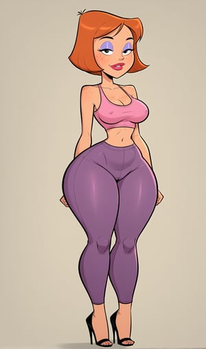 score_9, score_8_up, score_7_up, score_6_up, score_5_up, score_4_up, rating_explicit, source_webcomic, Jabstyle, detailed bottom, wide hips, thigh gap, debturnbull, debbie turnbull, mature mom woman, orange hair, short hair, black eyes, wide hips

Default outfit prompts : crop top, pants, leggings, yoga pants

Makeup prompts : makeup, lipstick, eyeshadow, half-closed eyes, 

Body: extremly wide hips, box shaped face, timy waist, huge eyes, huge hips, thick thighs, purple leggings,cartoon, very pointy perky breasts, pink crop top, black wedged heels, freckles, pink eye shadow, huge eyes

Pale background, full body view