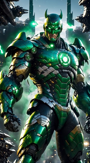 Angry green lantern mecha robo soldier character, anthropomorphic figure, wearing futuristic black soldier armor and weapons, reflection mapping, realistic figure, hyperdetailed, cinematic lighting photography, 32k uhd with a golden staff, rgb lighting on suit, 

By: panchovilla,mecha