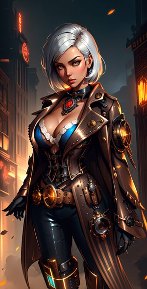 Top down view, Extremely beautiful, 25 years massive breasted female warrior, short white hair, silver half jacket with golden filigree, bikini, leather pants with Armor, belt, high heels boots, beautiful, detailed portrait, ((steampunk style:1.4)), cell shaded, 4k, concept art, by WLOP, ilya kuvshinov, artgerm, krenz cushart, greg rutkowski, pixiv. cinematic dramatic atmosphere, sharp focus, volumetric lighting, cinematic lighting, studio quality