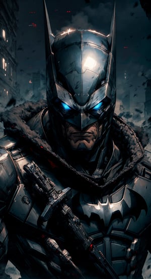batman in a futuristic suit with a helmet and a sword, inspired by Raymond Swanland, batman mecha, style of raymond swanland, cyberpunk batman, high detail iconic character, inspired by Marek Okon, cyborg dc, high quality digital concept art, cyborg portrait, detailed portrait of a cyborg, high detail comic book art, by Raymond Swanland, cg artist,r1ge