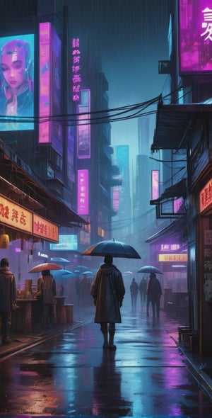 Cyberpunk market, heary rain at night gritty, mysterious, street, streetlamp, holographic bill boards, purple Haze, blue world, best quality, cinematic, 8K soft colors, intricate detailed, cinematic, trending on artstation, concept art by feng zhu, sharp focus, ultra hd, realistic, vivid colors, highly detailed, UHD,cyberpunk style,cyberpunk