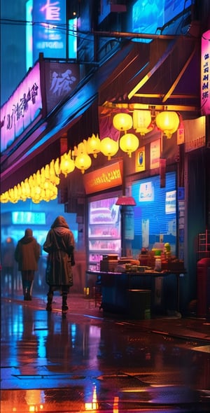 Cyberpunk market, heary rain at night gritty, mysterious, street, streetlamp, holographic, blue world, best quality, cinematic, 8K soft colors, intricate detailed, cinematic, trending on artstation, concept art by feng zhu, sharp focus, ultra hd, realistic, vivid colors, highly detailed, UHD,cyberpunk style