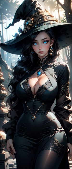 1girl, sluty witch, extremely beautiful, glittery eyes, (detailed eyes:1.4), jade green eyes, realistic 
(Detailed body:1.4), hourglass figure, WOLP, massive breasts, deep cleavage, sluty dress, extremely revealing, witch hat 
 Witchcraft, 
Woods, (detailed background:1.4), realistic, octane render, unreal engine 5, trending on artstation,midjourney