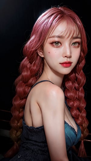 photorealistic, masterpiece, best quality, raw photo, 1girl, pink hair, detailed eyes and face,   long shot, detailed skin, pore, dynamic lighting, in the dark, deep shadow, low key