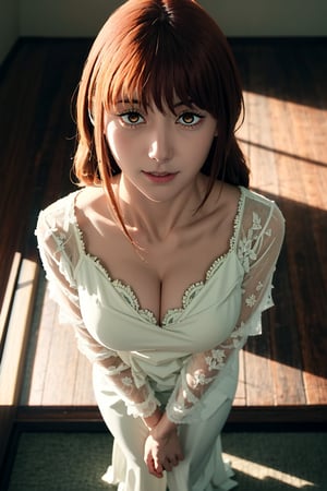 photorealistic, masterpiece, best quality, raw photo, fullbody, 1girl, solo, long hair, brown hair, detailed facial features, (alluring face), detached sleeves, medium breasts, cleavage, lace dress, jewelry, bracelet, dynamic pose, looking at viewer, fullbody_view, from above, extremely detailed, ultra-detailed, hyper detailed, fine detail, intricate detail, rim lighting, ray tracing, depth of field, highres, an extremely delicate and beautiful, hdr,makima \(chainsaw man\), orange hair,hair bride