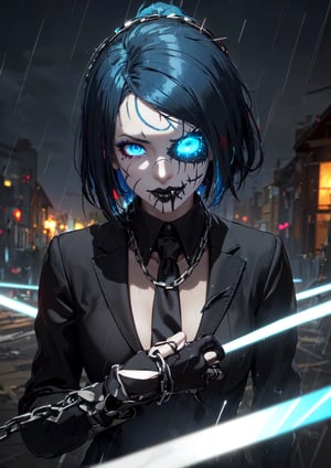 (masterpiece, top quality, Sharp image, 8k, best, official art, bokeh, depth of field, lens flare, (Darkness, colorful hues, empty rooftop, wind,rain,), Stitches across face, blue haircolor, Ponytail haristyle, Office suit, Tie, Threads across the screen, wires snaring hands, needles threads, wires, stitches, threads on face, stitches on face, stitched mouth, mouth sewn shut, nightmare, horror, scoundrel, black tie, chains, vile, black lips, black lipstick, rain, ash, tar, needles, in hair, prismatic makeup, psychotic,Endsinger, Psycho smile, head tilted, villain, Glowing blue eyes, 