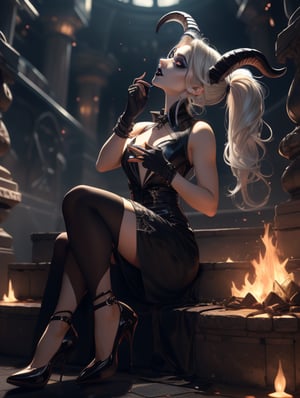 (masterpiece, top quality, best, official art, beautiful and aesthetic:1.2), looking up, Smoky eyes, Female, Long silver hair, ponytail, Black lips, Black lipstick,  White Glowing eyes, Prismatic makeup, Pale skin, Devil, Evil, Office suit, Thick collar, Skirt, High heels, Underworld, Hell, Short gloves, Chains, Ember, Cuffs, touching face, hands on face, stroking face, Villain, Goat horns, Harbringer, Leaning, Smile,

