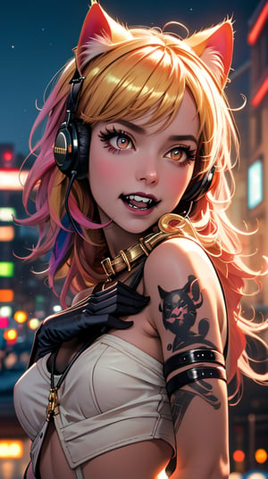 (masterpiece, top quality, best, official art, beautiful and aesthetic:1.2), looking up, (beautiful detailed face), (beautiful detailed eyes:1.2), (Glowing golden eyes:1.2), | multicolored hair hair, solo, neon hair, black eye shadow, (collar, gloves), | symetrical and detailed clothes, | harbour, smoky, neon lights, night, stage,| bokeh, depht of field, | hyperealistic shadows, smooth detailed, Niji Kei, neon, seaside, black lips, black lipstick,  spread fingers, touch face, hands across face, hands holding face, hands cupping face, laughter ,Niji Kei. facing viewer, gold crop top,,  Cybernetics, Madness, Cat earphones,  fangs, Cat ears, backless dress, tatoo, golden clothes, golden,