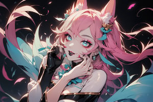 (masterpiece, top quality, best, official art, beautiful and aesthetic:1.2), looking up, Smoky eyes, Female, Long pink hair, ponytail, Black lips, Black lipstick,  White Glowing eyes, Prismatic makeup,  High heels,  Short gloves, touching face, hands on face, stroking face,  Smile, earrings, piercings, accessories, league of legends, 1 girl, solo, ahri, magic, foxfire, alone,  Dance,