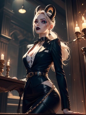 (masterpiece, top quality, best, official art, beautiful and aesthetic:1.2), looking up, Smoky eyes, Female, Long white hair, ponytail, Black lips, Black lipstick,  White Glowing eyes, Prismatic makeup, Pale skin, Devil, Evil, Office suit, Thick collar, Skirt, High heels, Underworld, Hell, Short gloves, Chains, Ember, Cuffs, touching face, hands on face, stroking face, Villain, Goat horns, Harbringer, Leaning, Smile, earrings, piercings, accessories,

