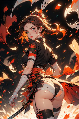 (masterpiece, top quality, best, from above, medium body shot. official art, Symetrical and detailed clothes, bokeh, depth of field, lens flare, silhouette, ground, smoke, corpses. battlefield, Samurai arnor. 1girl,  ronin outfit, katanas on hip, wounded, bandages, Dark orange hair tied up, har between eyes, sad look, aqua eyes, dark hair,  falling petals, wind blowing, light from behind, hurt, bandaged arm, black clothes, Black eyeshadow, running makeup, arms embrace, Bronze eyeliner, big ribbon,  hands open,