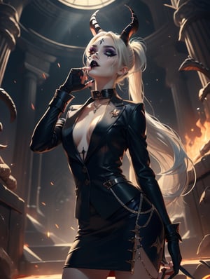 (masterpiece, top quality, best, official art, beautiful and aesthetic:1.2), looking up, Smoky eyes, Female, Long silver hair, ponytail, Black lips, Black lipstick,  White Glowing eyes, Prismatic makeup, Pale skin, Devil, Evil, Office suit, Thick collar, Skirt, High heels, Underworld, Hell, devil tail, Short gloves, Chains, Ember, Fangs, Bracers, touching face, hands on face, stroking face, Villain, Goat horns, Harbringer, Eyepatch, Evil  pose,

