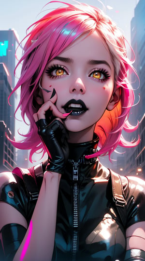 (masterpiece, top quality, best, official art, beautiful and aesthetic:1.2), looking up, (beautiful detailed face), (beautiful detailed eyes:1.2), (glowing golden eyes:1.2), | blue and pink hair, solo, black eye shadow, (collar, gloves), | symetrical and detailed clothes, | Cyberpunk, smoke, neon lights, night, | bokeh, depht of field, | hyperealistic shadows, smooth detailed, Niji Kei, Frost, Cyberpunk, neon, cables, black lips, black lipstick,  spread fingers, touch face, hands across face, hands holding face, hands cupping face, laughter ,Niji Kei. facing viewer, Cyberpunk suit, 