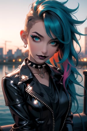 best quality,  masterpiece, 1girl, solo, multicolored hair, spiked hair, eyeliner, makeup, aqua eyes, (Harlequin), jester outfit, choker, | dim lights, dusk, fantasy scenery, | depth of field, gloves, closeup, (black lipstick), Harleqin, teal jacket, leather,HarleyWaifu ,Niji Kei, latex