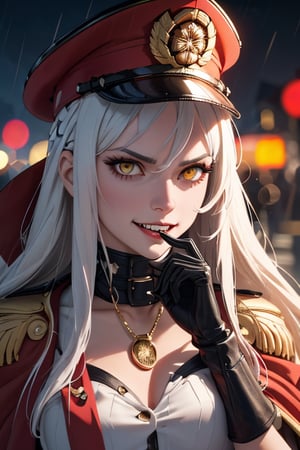 From above, Victory pose, cover photo (beautiful detailed face), (beautiful detailed eyes:1.2), (glowinig golden eyes:1.2), | solo, knight woman, braid hair, white hair color, windy hair, gold eyes, red eye shadow,(military outfit, military hat, gloves), | symetrical and detailed clothes, | galaxy, war, street, moonlight, sparkle, rain | bokeh, depht of field, | hyperealistic shadows, smooth detailed, behisheroine,oda_biig, evil grin, sinister eyes, fanatic expression, collared cape, chains,  fangs, smug, celebrate, celebration, spread fingers, hold hand across face, fur collar,