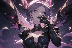 (masterpiece, top quality, best, official art, beautiful and aesthetic:1.2), looking up, Smoky eyes, Female, Long purple hair,  Black lips, Black lipstick,  White Glowing eyes, Prismatic makeup,  High heels,  Short gloves, touching face, hands on face, stroking face,  Smile, earrings, piercings, accessories, league of legends, 1 girl, solo, purple suit,