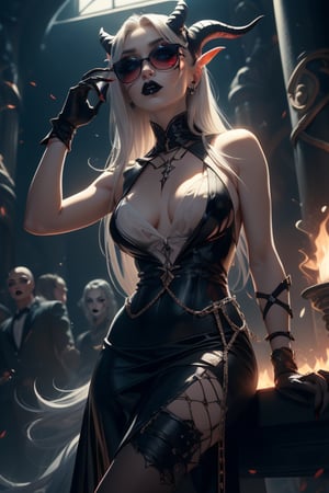 (masterpiece, top quality, best, official art, beautiful and aesthetic:1.2), looking up, Smoky eyes, Female, Long silver hair, Black lips, Black lipstick,  Glowing eyes, Prismatic makeup, Long nails, Pale skin, Devil, Evil, White suit, Black tie, Skirt, High heels, Underworld, Hell, Tail, Short gloves, Chains, Ash, Ember, Fangs, Tar, Bracers, touching face, hands on face, stroking face, Villain, Goat horns, Harbringer, Hourglass, red tinted shades,

