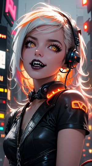 (masterpiece, top quality, best, official art, beautiful and aesthetic:1.2), looking up, (beautiful detailed face), (beautiful detailed eyes:1.2), (Glowing golden eyes:1.2), | Orange and white hair, solo, neon hair, black eye shadow, (collar, gloves), | symetrical and detailed clothes, | Cyberpunk, smoky, neon lights, night, stage,| bokeh, depht of field, | hyperealistic shadows, smooth detailed, Niji Kei, Frost, Cyberpunk, neon, cables, black lips, black lipstick,  spread fingers, touch face, hands across face, hands holding face, hands cupping face, laughter ,Niji Kei. facing viewer, Cyberpunk gown,  Cybernetics, Madness, Cat earphones,  fangs, Cat ears, backless dress, 