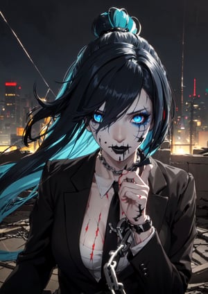 (masterpiece, top quality, Sharp image, 8k, best, official art, bokeh, depth of field, lens flare, (Darkness, colorful hues, empty rooftop, wind,), Stitches across face, blue haircolor, Ponytail haristyle, Office suit, Tie, Threads across the screen, wires snaring hands, needles threads, wires, stitches, threads on face, stitches on face, stitched mouth, mouth sewn shut, nightmare, horror, scoundrel, black tie, chains, vile, black lips, black lipstick, rain, ash, tar, needles, in hair, prismatic makeup, psychotic,Endsinger, Creepy laugh, head tilted, villain, Glowing blue eyes, 