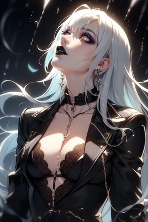 (masterpiece, top quality, best, official art, beautiful and aesthetic:1.2), looking up, villain, evil, office suit, sharp nails, smoky eyes, bite finger, female, long silver hair, content, nightmare, horror, scoundrel, black tie, chains, justiciar, vile, black lips, black lipstick, glowing eyes, rain, ash, tar, needles, in hair, prismatic makeup, thick collar, psychotic, hands flairing,