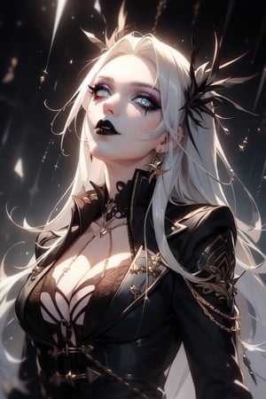 (masterpiece, top quality, best, official art, beautiful and aesthetic:1.2), looking up, villain, evil, office suit, sharp nails, smoky eyes, bite finger, female, long silver hair, content, nightmare, horror, scoundrel, black tie, chains, justiciar, vile, black lips, black lipstick, glowing eyes, rain, ash, tar, needles, in hair, prismatic makeup, thick collar, 