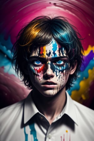 best quality, ultra-detailed, high_res, a man with abstract skin,messy middle part short hair,close up,middle part hair, open mouth,death stare, detailed eyes, abstract skin color, hand holding face,perfect eyes,formal shirt, abstract color, full abstract skin, rainbow skin