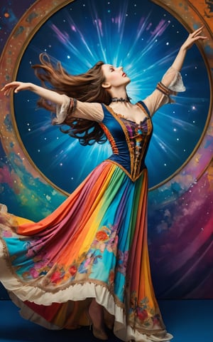 

The image features a woman with a beautiful appearance, wearing a stunning costume with a major influence from the Victorian era. She is posing in an artistic and elegant manner, with her arms outstretched, as if she is flying or floating in the air. The woman is surrounded by a vibrant and colorful background, which adds to the overall visual appeal of the scene. Her long hair falls down her back, and she appears to be looking upwards, possibly towards a star or an light source.