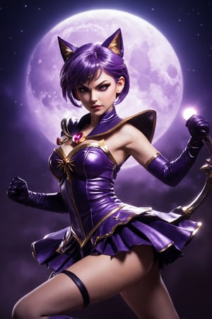 Magical girl witch, fierce expression, short hair, glowing hair, (purple leather:1.3),sailor moon-esque outfit, cat ears, fighting pose, (athletic build:1.2),iridescent clothing,(holding weapen:1.3),fighting stance,transEffect,glowing (moonlight), (masterpiece, best quality, ultra-detailed, best shadow), detailed background,cowboy shot,high contrast, (best illumination, an extremely delicate and beautiful), ((cinematic light)), colorful, hyper detail, dramatic light, intricate details, ((vibrant colors)), 8k,subsurface scattering