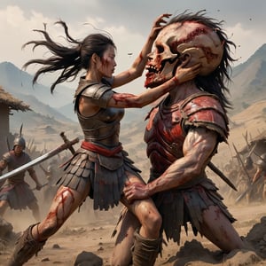 In the aftermath of a brutal clash, amidst a landscape scarred by battle, a formidable woman warrior seizes the severed head of her foe—a male warrior hailing from a rival village—clutching it firmly by the hair.,male