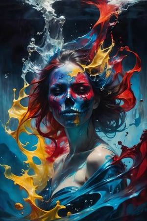 The enchantress emerged, her face concealed by a haunting skull mask soaked in blood, hinting at the power she wields. As she navigates shadows, she unleashes formidable abilities, delving into dark magic and facing consequences. Surreal beauty is captured in a shot of oil paint submerged underwater, revealing red, yellow, and blue tones dispersing against a dark background, creating ephemeral art.