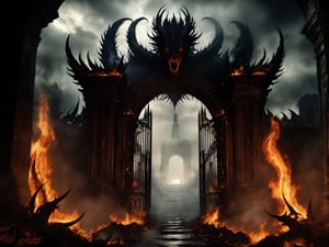 
The Gates of Hell, guarded by the oldest and most fearsome shadows, stand majestic in the heart of a realm of fire and brimstone. With a height that defies the heavens and a width that swallows light, these gates are the embodiment of terror and damnation.

Forged in the darkest metal and coated with arcane runes that whisper forgotten terrors, the Gates of Hell exude an aura of malevolence that would chill the bravest soul. Their surface is marked by eternal flames that dance wildly, reflecting the inner torments of those who lie beyond their threshold.

The air surrounding these gates is laden with suffocating heat and the acrid smell of eternal suffering. The moans and lamentations of trapped souls slip through the cracks of the gates, constantly reminding the living of the vastness of the torment that awaits should they dare to cross.

Only the most reckless or desperate dare to approach, and even then, few have the strength or sanity to face what lies on the other side. The Gates of Hell stand as a somber monument, an unrelenting reminder of the eternal struggle between good and evil, and the fragility of the human soul in the face of the underworld's temptations, ultra-fine digital painting, ,    Gorgeous splash of vibrant paint
,colorful,more detail XL,darkart