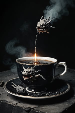 macabre style  A meteor floating in a teacup during an appalling situation. . dark, gothic, grim, haunting, highly detailed
,darkart