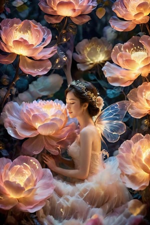 A fairy ,curls up in the petals of a giant flower and falls asleep in its embrace, the soft light of the moonlight filtering through the petals and casting a gentle glow on her delicate form. She is completely at peace, embraced by the love and protection of the natural world.