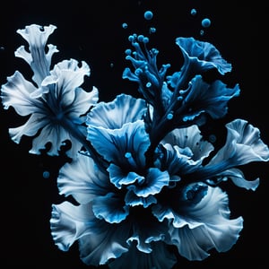 ink underwater dark background black, studio photography, macro photography, ink colour white and blue