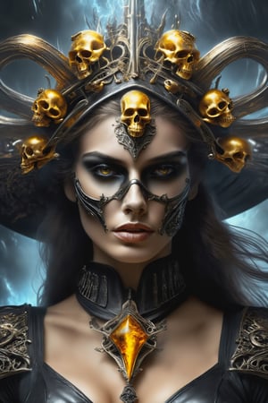 A stunning, 25-year-old girl with an amazingly beautiful face and a perfect hourglass body type, dressed in a cowboy outfit, brandishing a surreal black metal skull weapon, with tendrils of silver and gold metal swirling around it, set against a stormy, dramatic, and atmospheric background, reminiscent of the unique and dynamic art styles of H.R. Giger, Raymond Swanland, and Luis Royo. The photograph must be in photorealistic 1.2 style, with sharp focus, high detail, ultra-high resolution, HDR, and 8K, showcasing the vivid and unusual patterns on her outfit and the intricacies of the liquid metal art on the skull weapon. The girl's rich hair and perfect proportions, including her huge breasts, thin waist, navel, and crotch gap, must be highlighted with a focus on her beautiful, detailed, and perfect face. The overall composition should embody the intense, dramatic, and unreal engine quality of this masterpiece, The enchantress emerged, her face concealed by a haunting skull mask soaked in blood, hinting at the power she wields. As she navigates shadows, she unleashes formidable abilities, delving into dark magic and facing consequences. Surreal beauty is captured in a shot of oil paint submerged underwater, revealing red, yellow, and blue tones dispersing against a dark background, creating ephemeral art