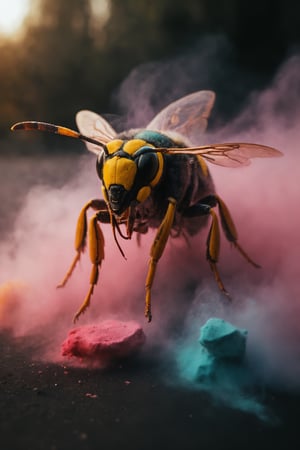violent chalk explosion, holographic colorful floating in space, cinematic close-up portrait of a wasp (made out of chalk:1.3) during dusk in the autumn, dark and gritty fantasy film heavy chalk smoke, cinematic lighting
