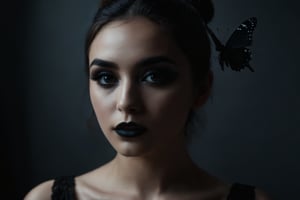 cinematic film still of  
Butterfly lighting photography of a woman with black makeup and black eyelashes,1girl,solo,looking at viewer,simple background,monochrome,greyscale,parted lips,teeth,grey background,black background,portrait , nose shadow, realistic, realism, photorealism, hyperrealism, hyperrealistic, realistic, sharp, detailed, cinematography style, film light style, movie still,  professional photography, artistic, perfection, contrast, cinematic, filmic, high quality photo,  8k quality, colorful, nose covered in shadow, photography style, butterfly lighting style, shallow depth of field, vignette, highly detailed, high budget, bokeh, cinemascope, moody, epic, gorgeous, film grain, grainy
