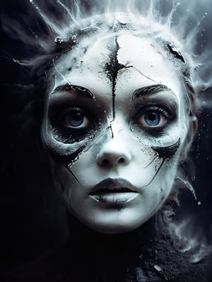 white-toned Surrealism photo of an abyssal futuristic summer face in a bright apocalyptic void, intricate black and orange and white recursion, eldritch, foggy, billowing bright glitter, very detailed, 
,vntblk,black,darkart,DissolveSdxl0,Luis Royo