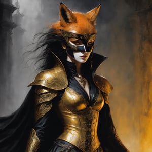 Luis royo style, acrylic paint and spray paint, 8K, rule of thirds, 
intricate, dark lighting, Flickr, well focused, atmospheric, dramatic, highly detailed

The Fox is a woman usually wears a tight black suit that covers her entire body, including her head. His costume is decorated with golden details and a long cape that covers his shoulders. The cape can be red or black, and often has a gold or yellow lining. The Fox also wears a wide-brimmed black hat, which sometimes has a gold band.

One of the most distinctive elements of La Zorra's appearance is the black mask that covers the upper half of his face, exposing his eyes. This mask usually has a stylised "Z" or mask-like shape, which adds a mysterious and elegant touch to the character.

In terms of weaponry, La Zorra is known to carry a sword and a whip, tools he uses in his swordsmanship skills and to perform impressive acrobatics during his heroic exploits