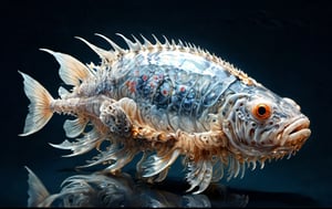 a masterpiece artwork  of a deep-sea fish with a huge bulging brain,  projecting powerful  X-rays,  long semi-transparent (fins:1.1), psionic powers, highly detailed,   intricate carved alabaster nygroth 
